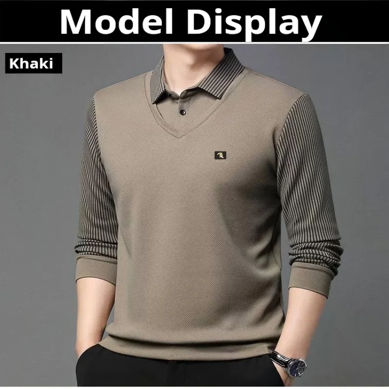 Men\'s Long Sleeve Highend Sweater Warm Soft Sports Leisure Tops Fake Two-piece Lapel Striped Pullover Slim Blouse Suit Shirts