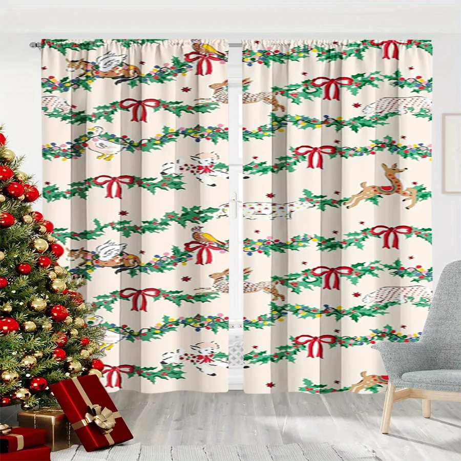 2PCS Christmas Winter Curtains, Pine Garland Bow Animal Deer Swan Beige, Digital Print, Bedroom Living Room, Home Decor