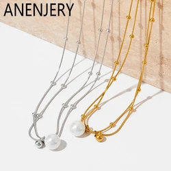 ANENJERY 316L Stainless Steel Double Layer Beads Imitation Pearls Necklace for Women Temperament Cool Simple Jewelry Gifts