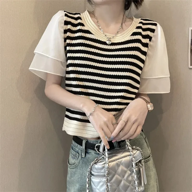 Ruffles Patchwork Knitting Short T Shirts Summer New Short Sleeve Striped Loose Vintage Tops Tees Sweet Fashion Women Clothing