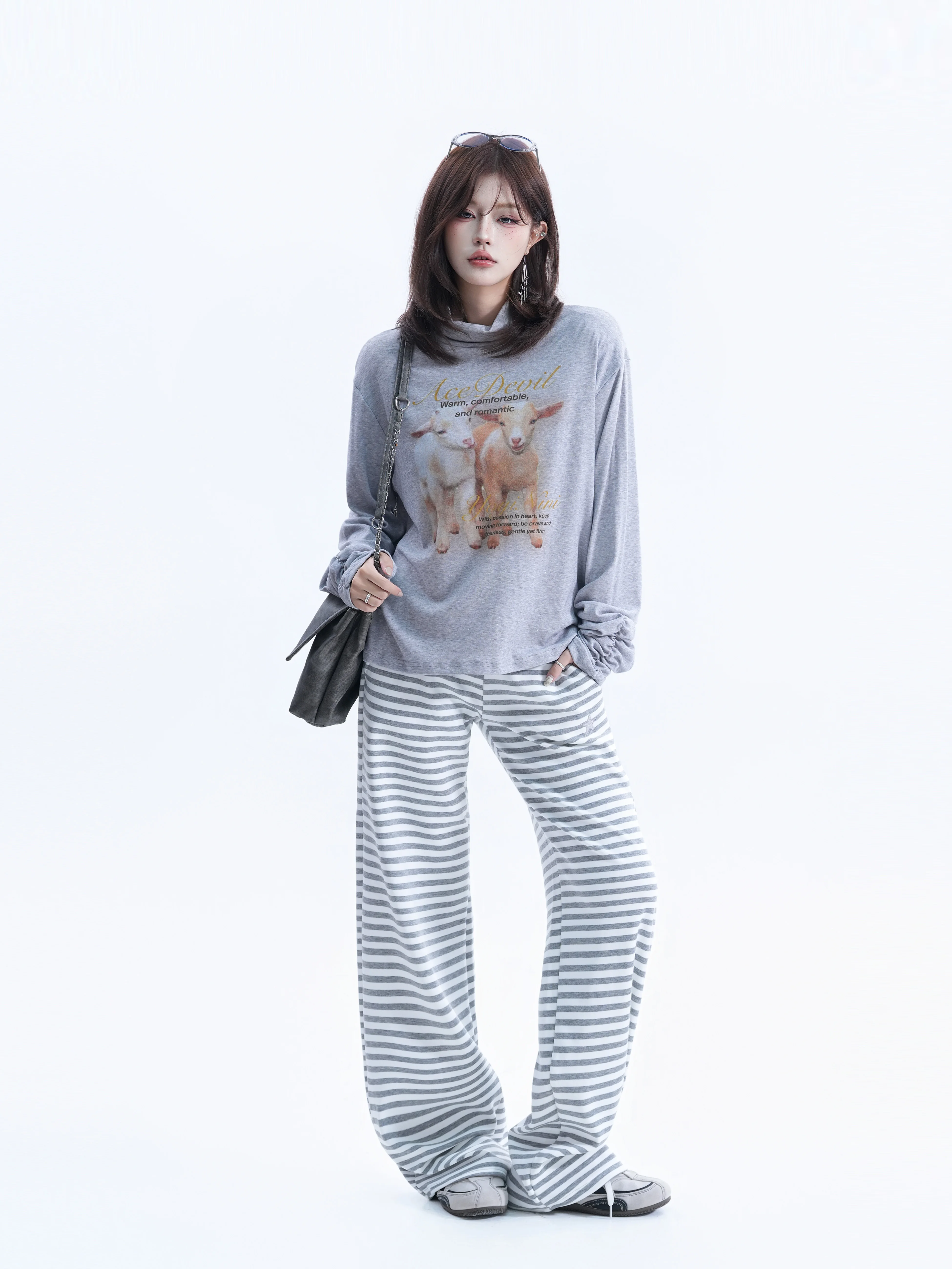 American Retro Sheep Print High Collar Loose Casual Style Long Sleeve T-Shirt Cotton Polyester Blend Autumn Wear for Women