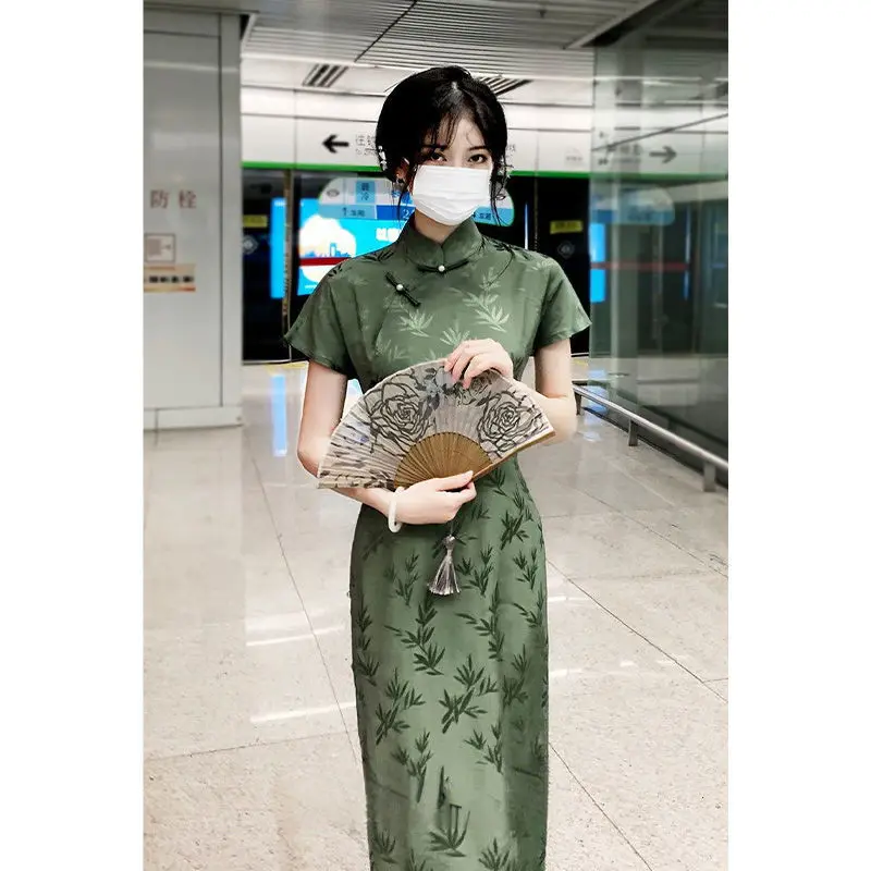 150cm Petite Girls Chinese Style Cheongsam With Side Slit Summer Slim Fit Midi-length Traditional Chinese Dress Appear High