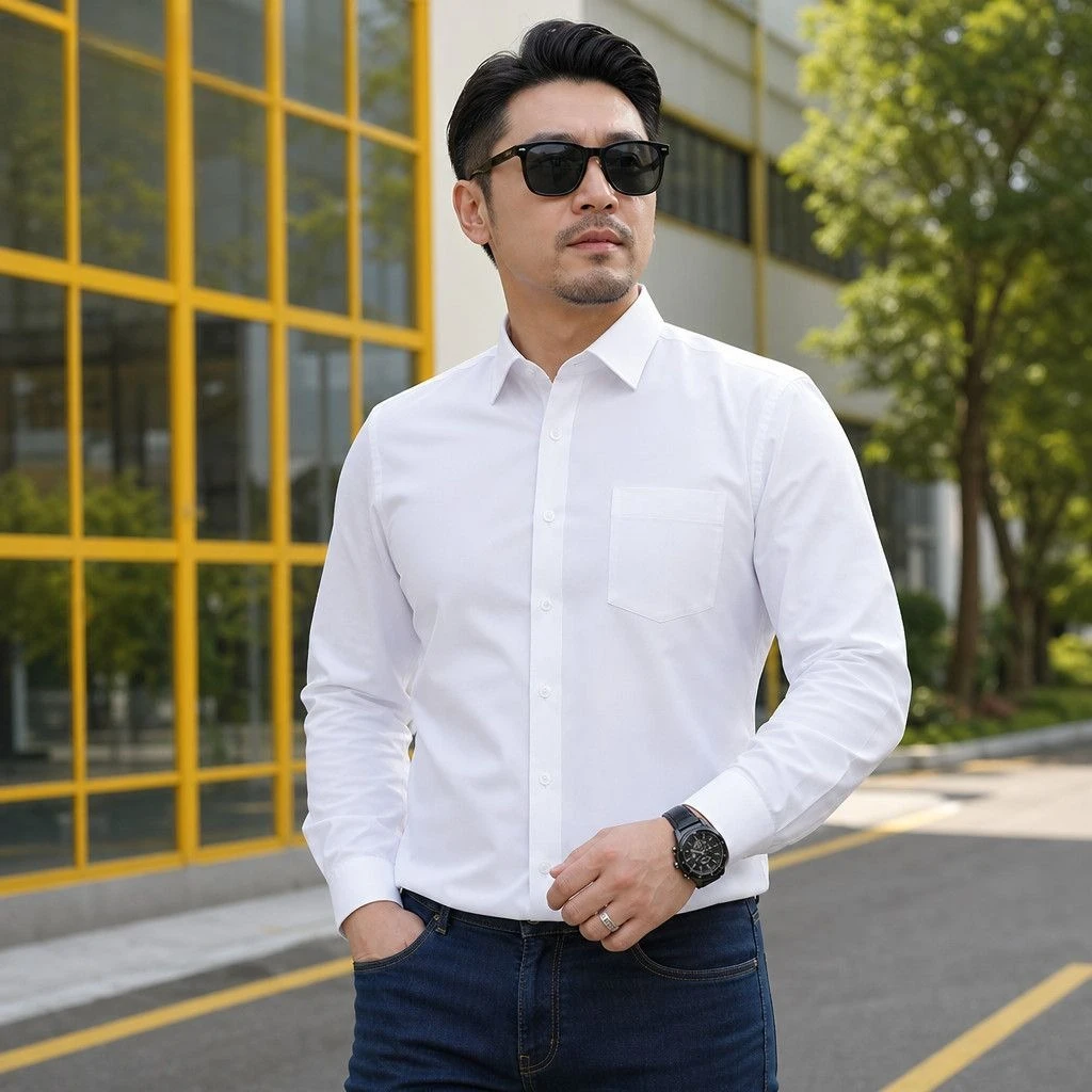 Men Anti Wrinkle White Dress Shirt Short Sleeve Business Casual Work Top