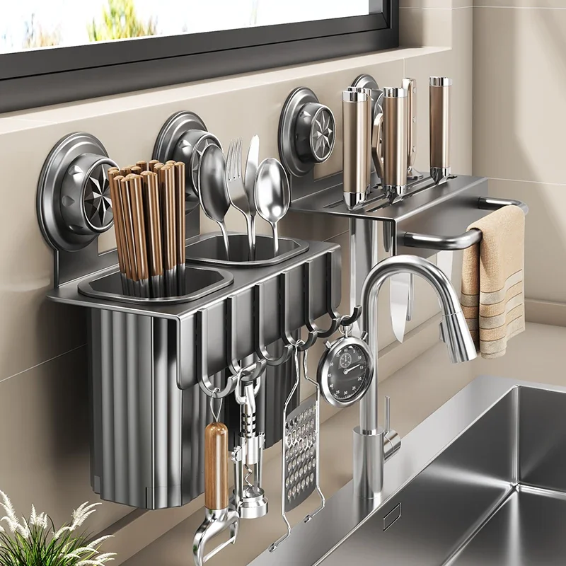 New thickened suction cup, no drilling kitchen utensil rack, knife rack, wall-mounted storage shelf, multifunctional, freely adj