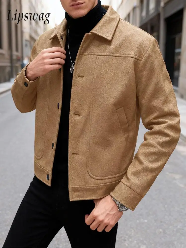 

Винтажные мужские шерстяные куртки с отложным воротником, весенне-осенняя уличная одежда, модная однотонная верхняя одежда, мужские стильные пальто на пуговицах