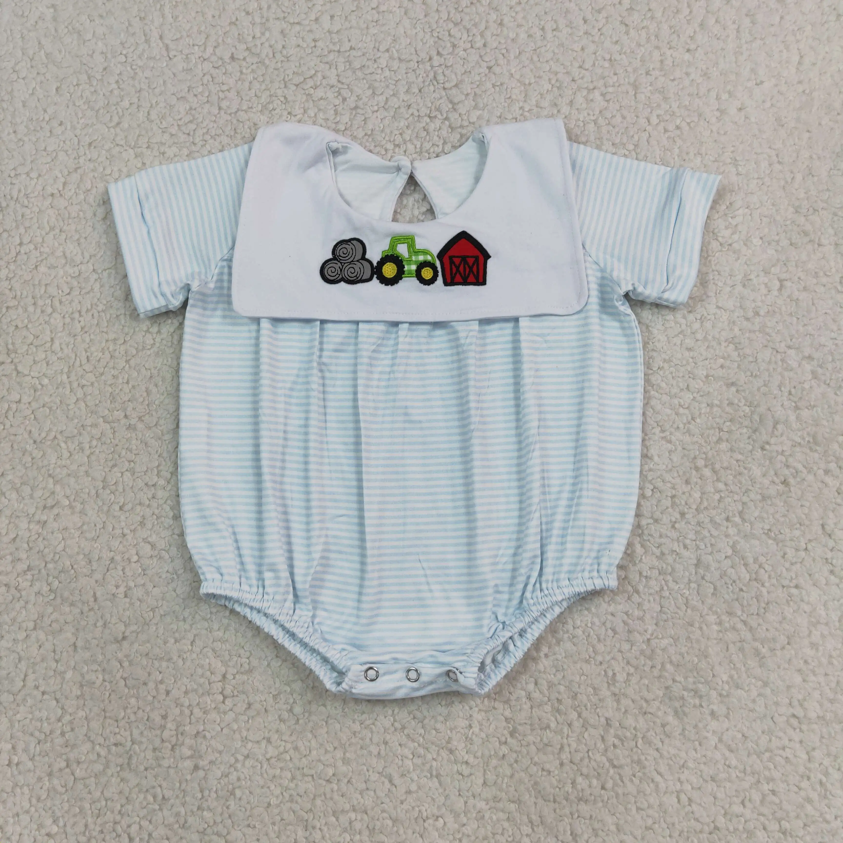 Wholesale Newborn Toddler Baby Boy Short Sleeves Embroidery Farm Stripes Romper Kids Children Jumpsuit Infant Boys Clothes