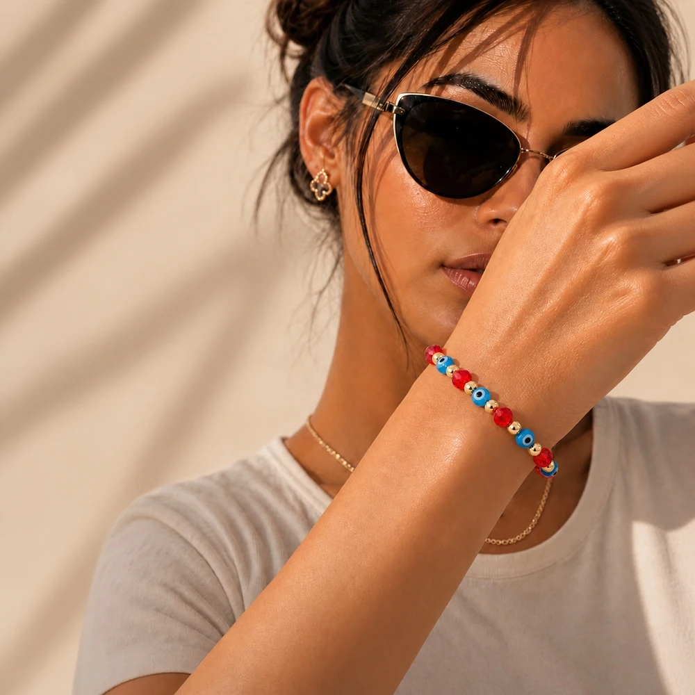 1pc Bohemian Red Cord Adjustable Beaded Bracelet with Blue Evil Eye Beads Red Faceted Beads and Golden Round Beads