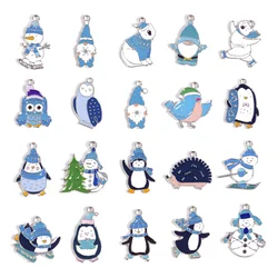 10pcs White & Blue Enamel Charms Winter Style Penguin Skiing Silver Color Small Pendants for DIY Bracelet Necklace Jewelry