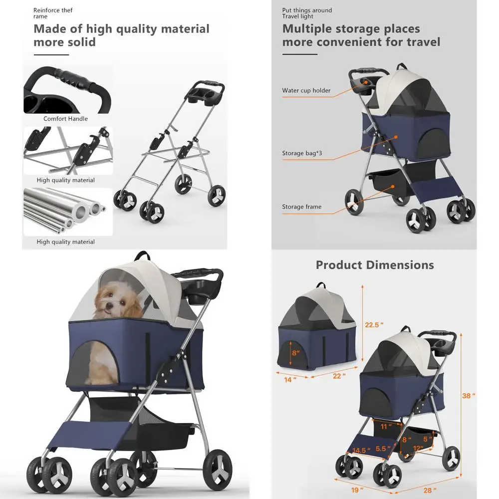

Коляска для животных на 4 колесах для маленьких/средних собак и кошек, складная переноска, задние тормоза, корзина для хранения, всепогодный чехол (темно-синий)