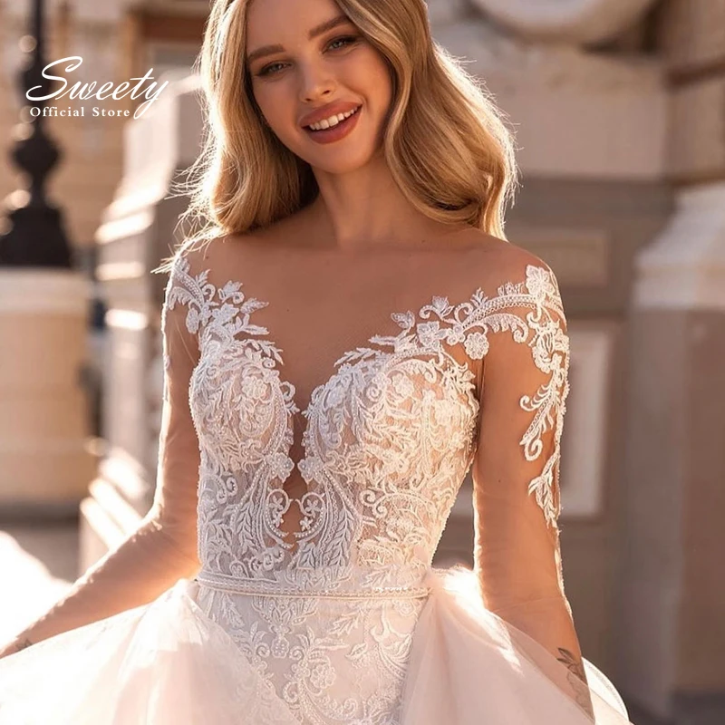 Luxury Detachable 2 In 1 Wedding Dress Embroidered Lace With Mermaid Ball Gown O-Neck Sleeveless Vestido De Novia Customized