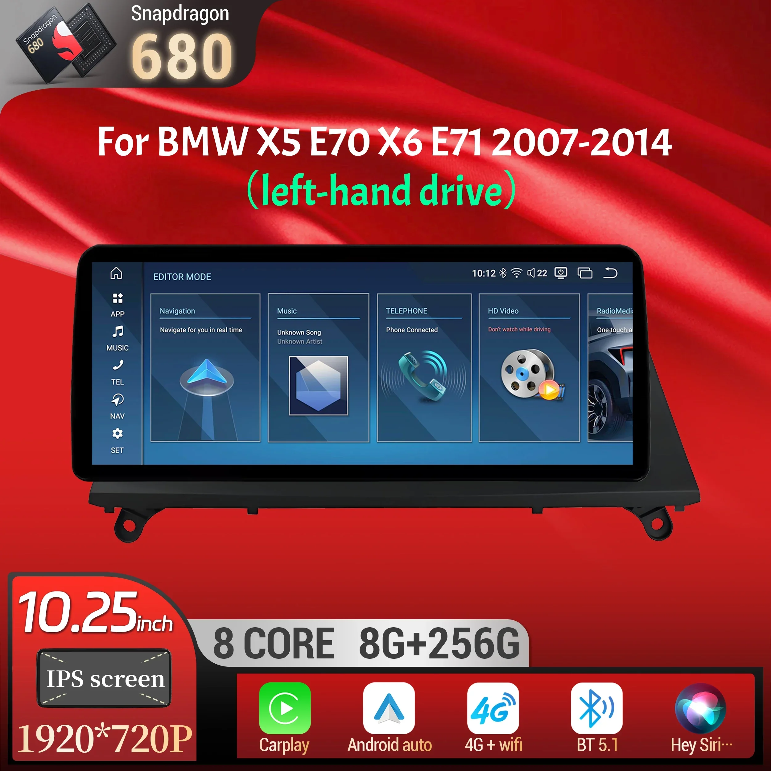 

10.25 inch Left Hand Drive Android 13 For BMW X5 E70 X6 E71 2007-2014 Car Radio Wireless BT Carplay Snapdragon 680 Touch Screen
