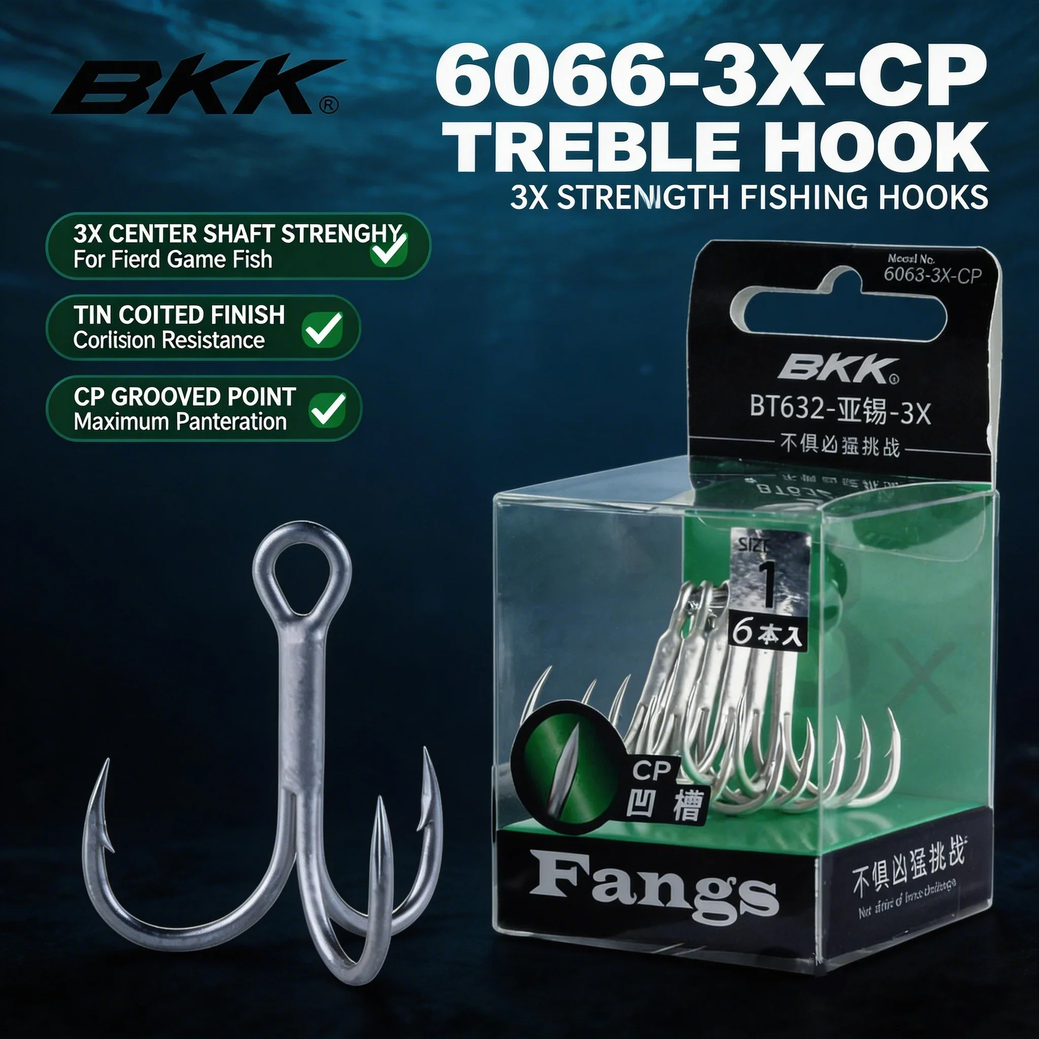 BKK BT632-3X-CP Fangs Treble Hooks 3X Center Shaft Strength Tin Coated CP Grooved Point Fishing Hooks