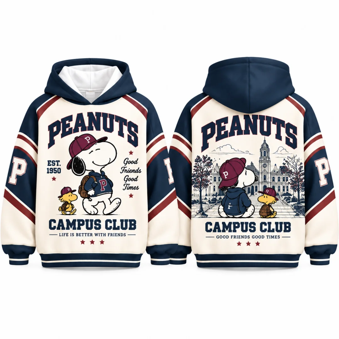 Mens Snoopy Campus Club Hoodie Vintage College Varsity Pullover Hooded Sweatshirt Retro University Streetwear Kids Tops