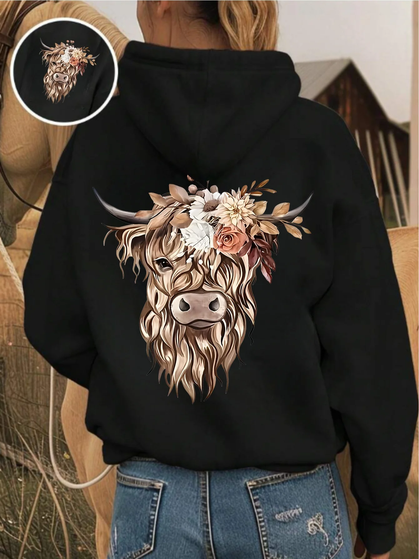 Comfortable and Adorable Lady's Highland Cow Pullover Hoodie with Fleece Design for Street and Outdoor Wear