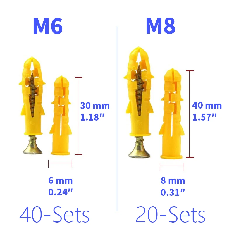 Home Improvement Wall Anchor Kit M6 M8 Yellow Expansion Tubes with Screws for Hanging Shelves, Curtains & DIY Repair Projects