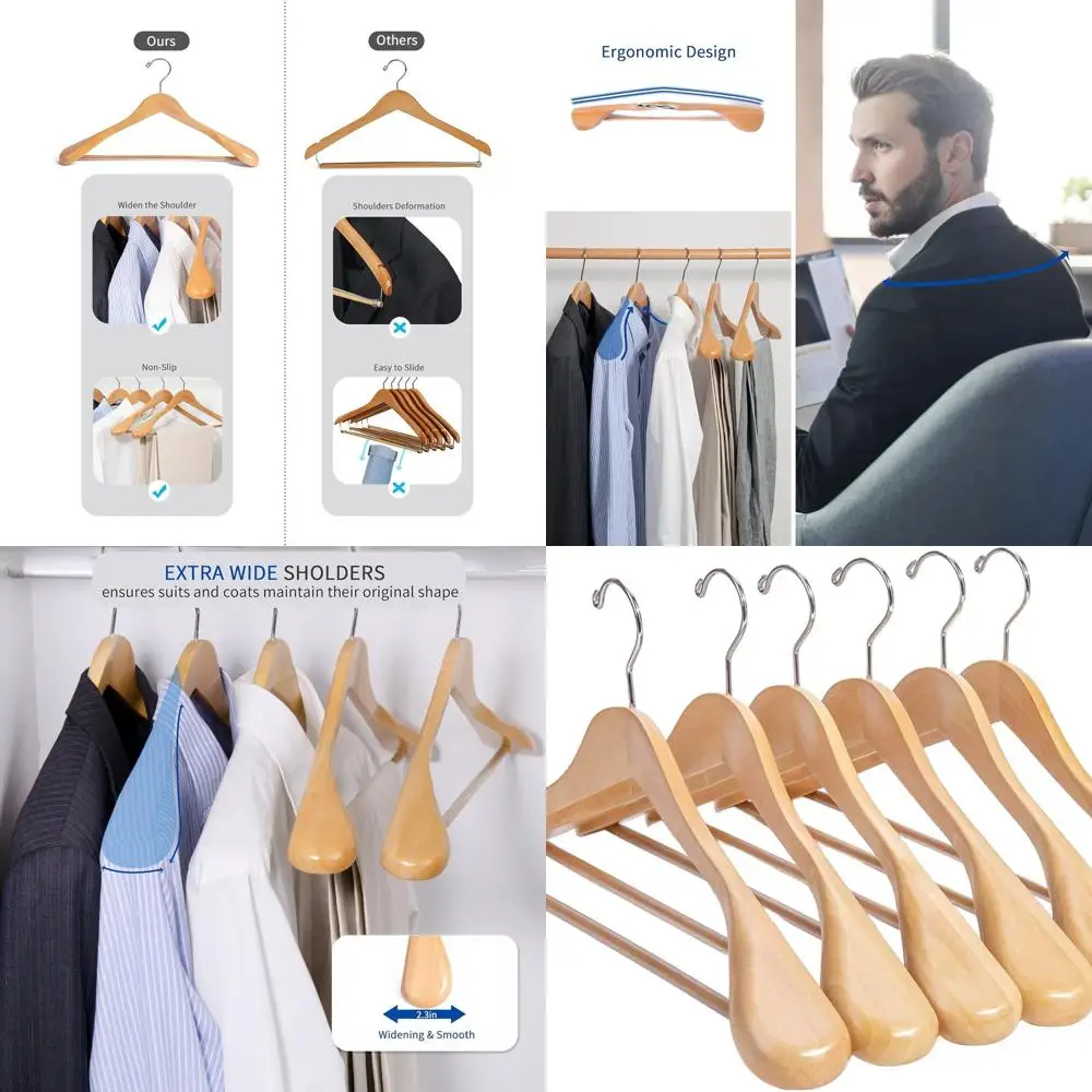 

12-Pack Premium Wooden Suit Hangers with Glossy Finish, Wide Shoulders, Swivel Hooks, and Anti-Slip Bars
