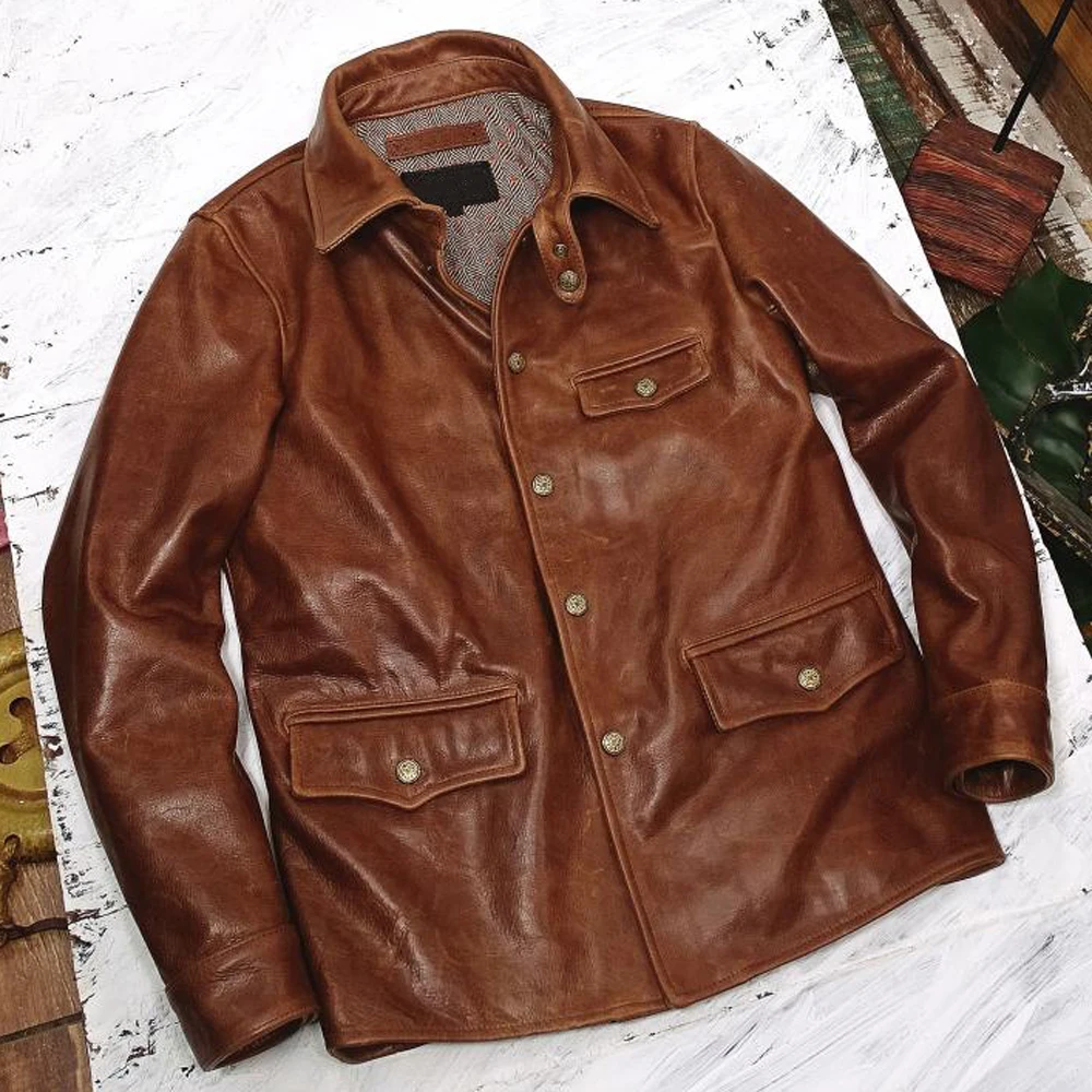 Genuine Leather Brakeman Cowhide Coat Jacket American Fashion Vintage Overcoat Winter Mens Blazer Coats Windbreaker Discolored