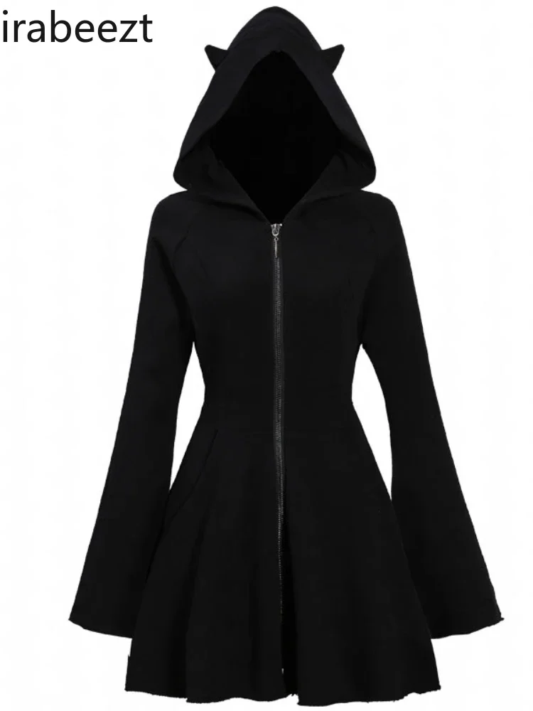 هوديي أسود امرأة الخريف الشتاء الخصر التخسيس كم طويل ليتل الأسود مقنعين فستان نحيل قصير هالوين فيستدوس دي موهير