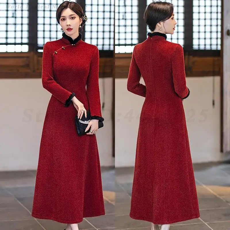 

Новое красное платье Ципао в китайском стиле, женское платье Chesongam с длинными рукавами, осень-зима, новое вечернее банкетное платье размера плюс, длинные платья