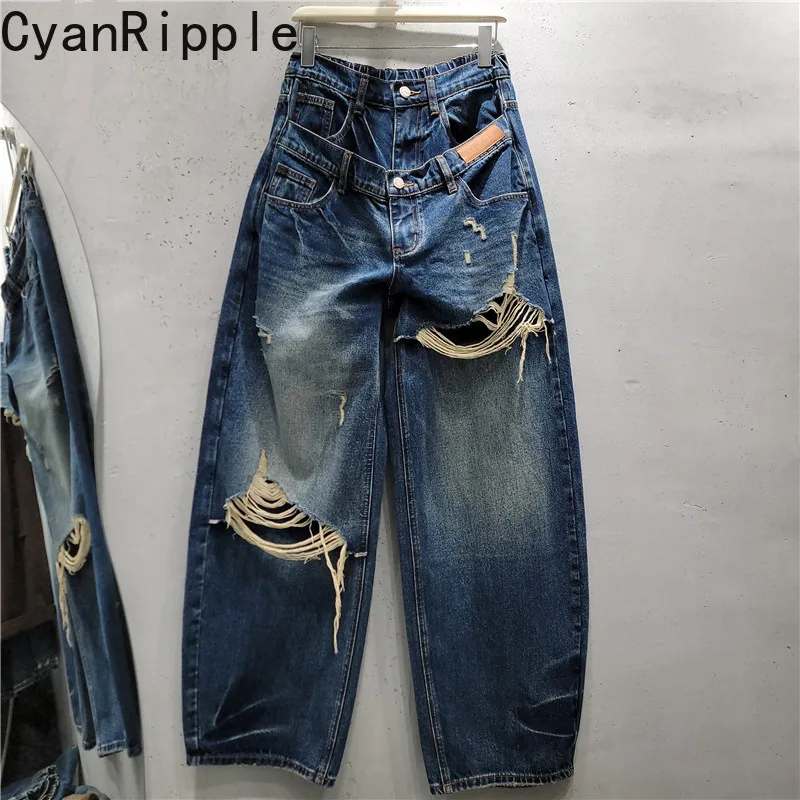 High Street Hot Chick Patchwork Faux Two-piece Straight Denim Pants New Spring Autumn Vintage Hole Tassel Wide Leg Women Jeans