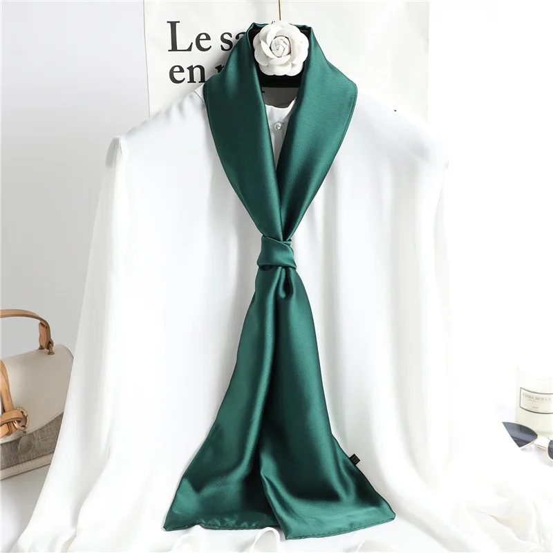 Skinny Long Scarf 145cm Women Solid Color Double Layer Silk Like Neck Scarf Elegant Office Accessory