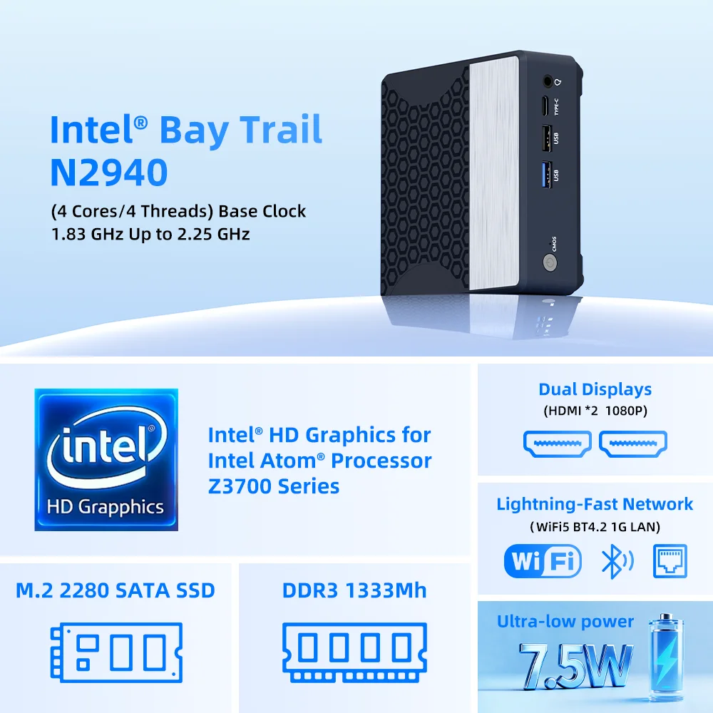 ZXIPC МИНИ-ПК Zen+ Pocket Intel ®   Bay Trail N2940 Двойной дисплей Intel ®   HD Graphics 1G LAN WIFI5 BT 4.2 DDR3 NUC