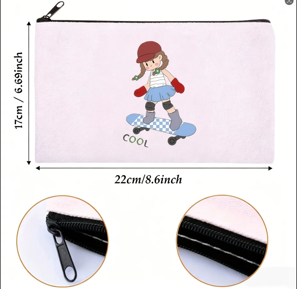 1PC Kawaii Skateboard Girl Canvas Zipper Pouch Multi-functional Storage Bag