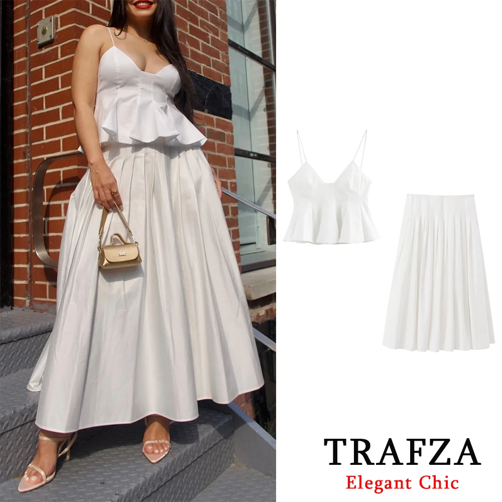 TRAFZA Casual Solid Pleated Skirt Suit Women\'s  Wide Swing Camisole Top and Midi Skirt Suit New 2024 Summer Fashion Vacation Set