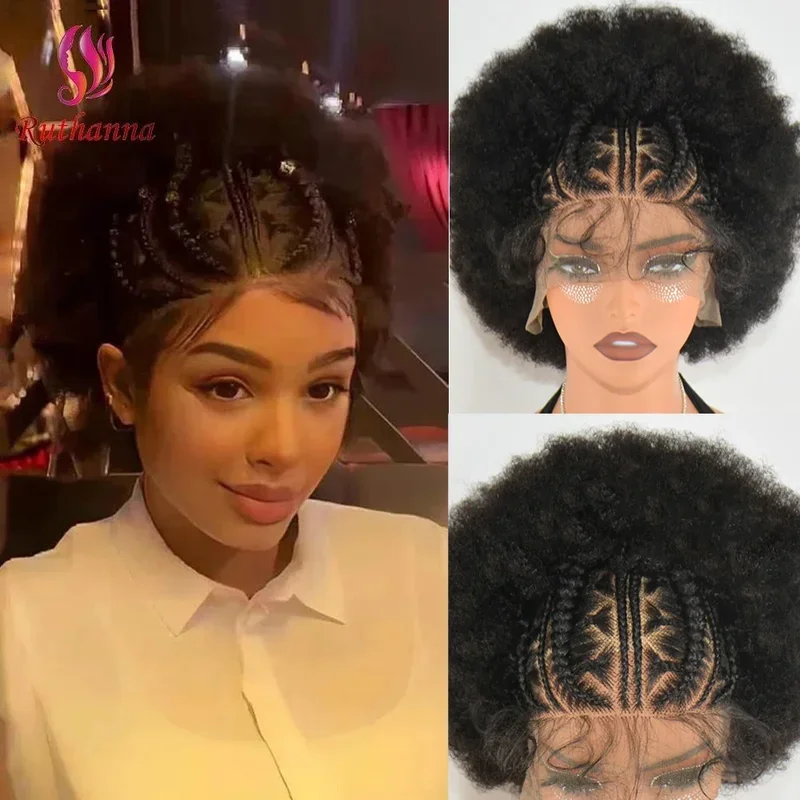 Afro Kinky Curly 13x6 Lace Braided Wig 250% Density Synthetic Short Curly Wig For Women Fluffy Explosive Head Baby Hair Lace Wig