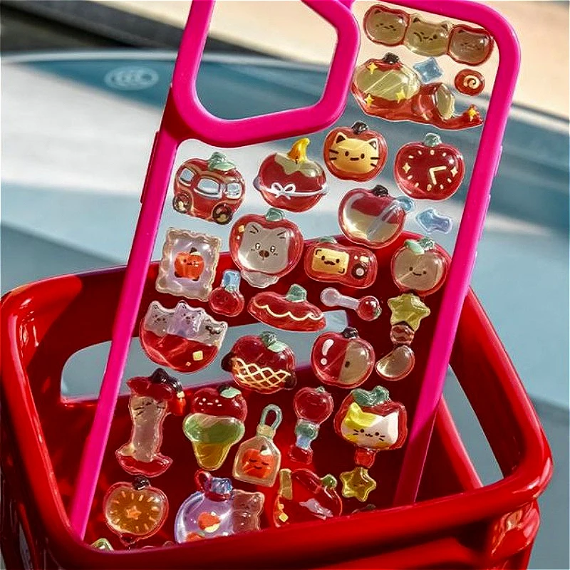 

Очаровательные 3D рельефные наклейки с красным яблоком и котенком-сделай сам, мультяшный чехол для телефона, украшение, милый котенок, детские канцелярские принадлежности, наклейка из смолы