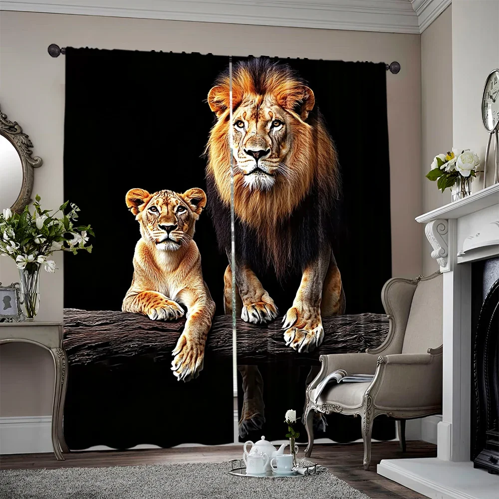 2pcs, 2D flat printing Curtains Lion And Lioness Log Print Versatile Polyester Fabric,Without Electricity Birthday Party Applies