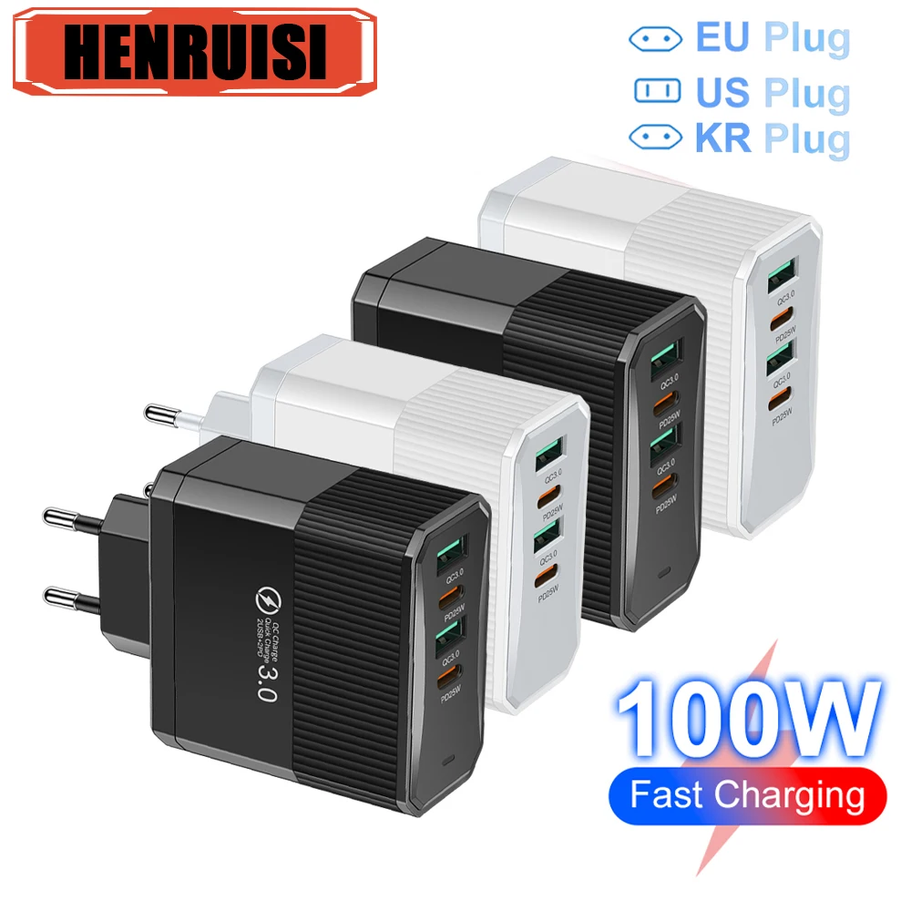 Total 100W 2USB 2PD Charger Fast Charger for iPhone 15 Pro Max Xiaomi 14 Oneplus 4 Ports Travel Plug Phone Fast Charging Adapter