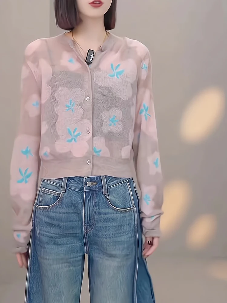 

Женский модный винтажный тонкий кардиган с цветочным принтом на одной пуговице, корейский стиль, для повседневной носки, укороченный, с длинными рукавами