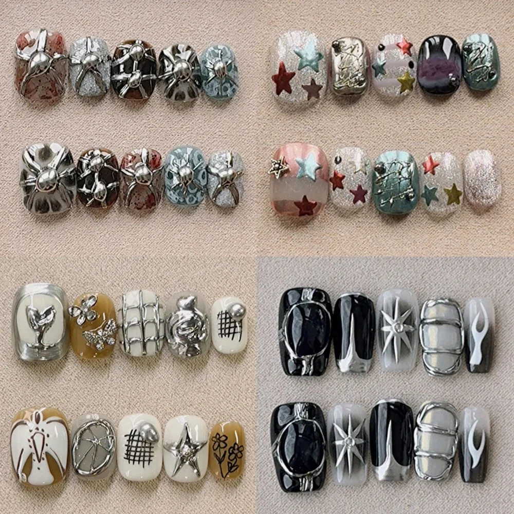 

10Pcs Light Luxury Short Square Round Handmade Nail Party Sticker Flower Diamond Pearl Design Wearable Press On Nails Gift