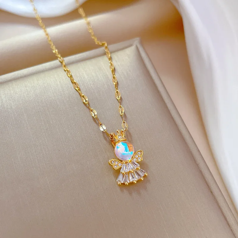Fashionable Luxury Angel Aurora Pendant Women's Accessory Versatile Stainless Steel Minimalist Design Choker Necklace
