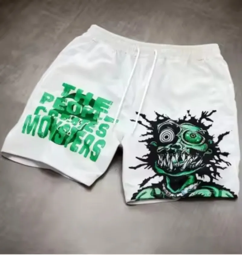 

American style trendy devil cartoon pattern printed oversized casual pants men's Y2K streetwear fashionable loose shorts