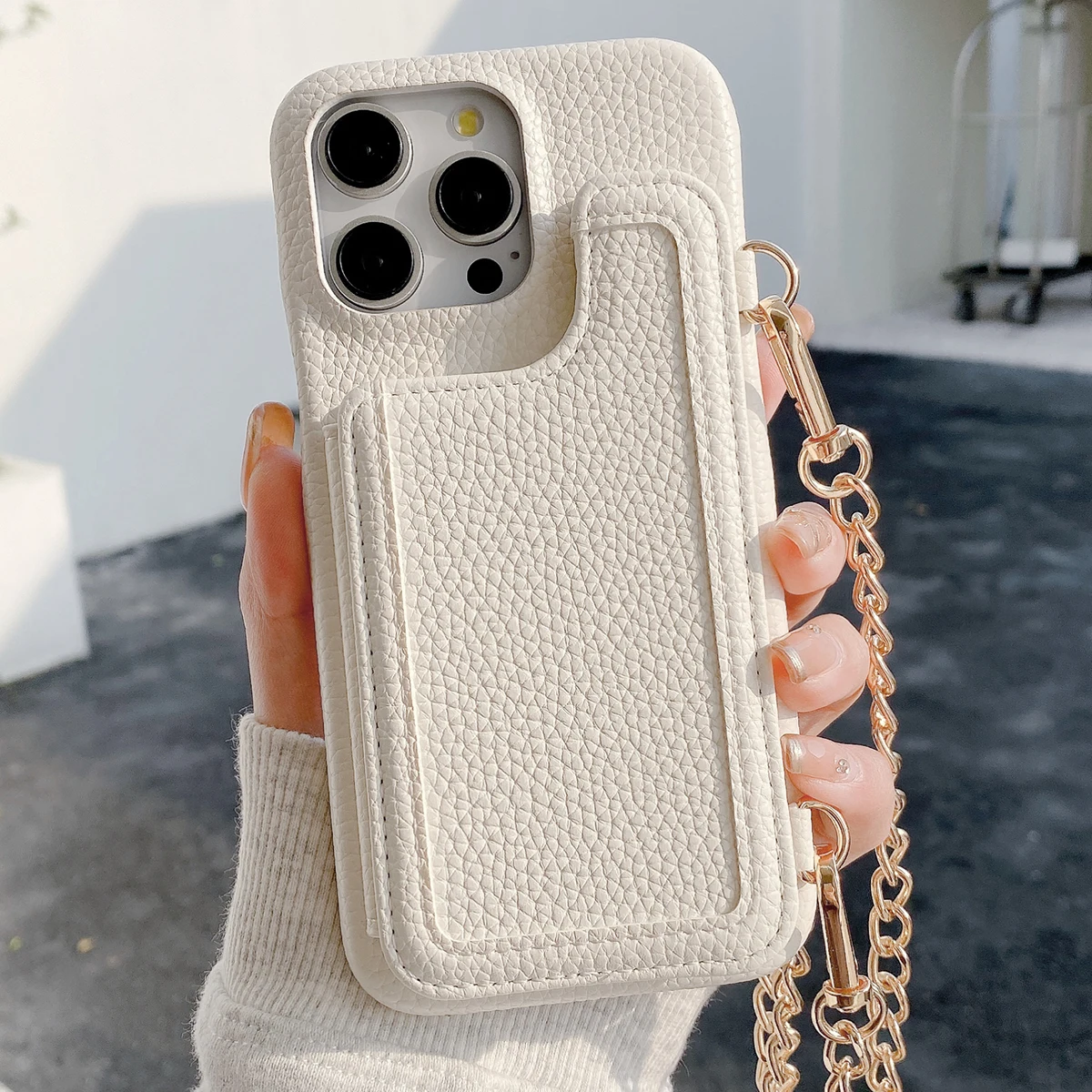 

Чехол из искусственной кожи на молнии для Iphone 17, 16, 15, 14, плюс 13, 12, 11 Pro Max, металлический держатель для карт с цепочкой через плечо, защитный чехол Funda