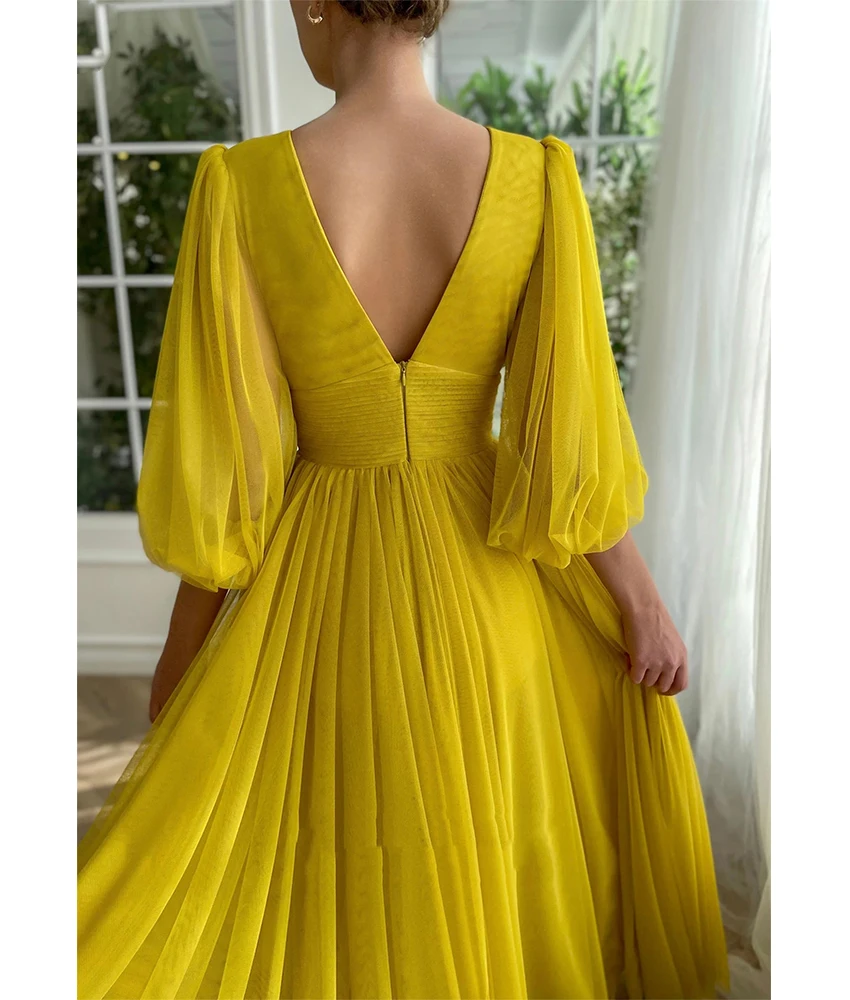 Customized Temperament Tulle A-Line Buttons Evening Dress High Quality V-Neck 3/4 Sleeves Floor Length Party Gowns Custom Made