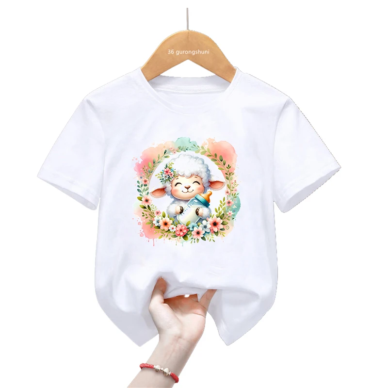 

Watercolor Lamb With Baby Bottle Animal Print T Shirt For Girls/Boys Harajuku Kawaii Kids Clothes Summer Fashion T-Shirt