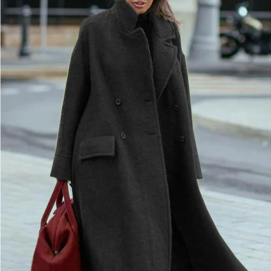 Loose Fit Notched Lapel Coat Elegant with Medium Weight Graceful Elegance Patchwork Button Detail Extra Short Women Autumn Coat