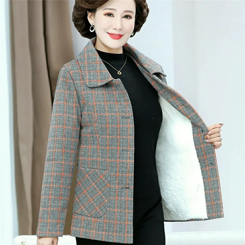 

Elegant Add Velvet Woolen Coat Middle-Aged Elderly Women Outerwear 2024 New Autumn Winter Jacket Fashion Loose Female Tops