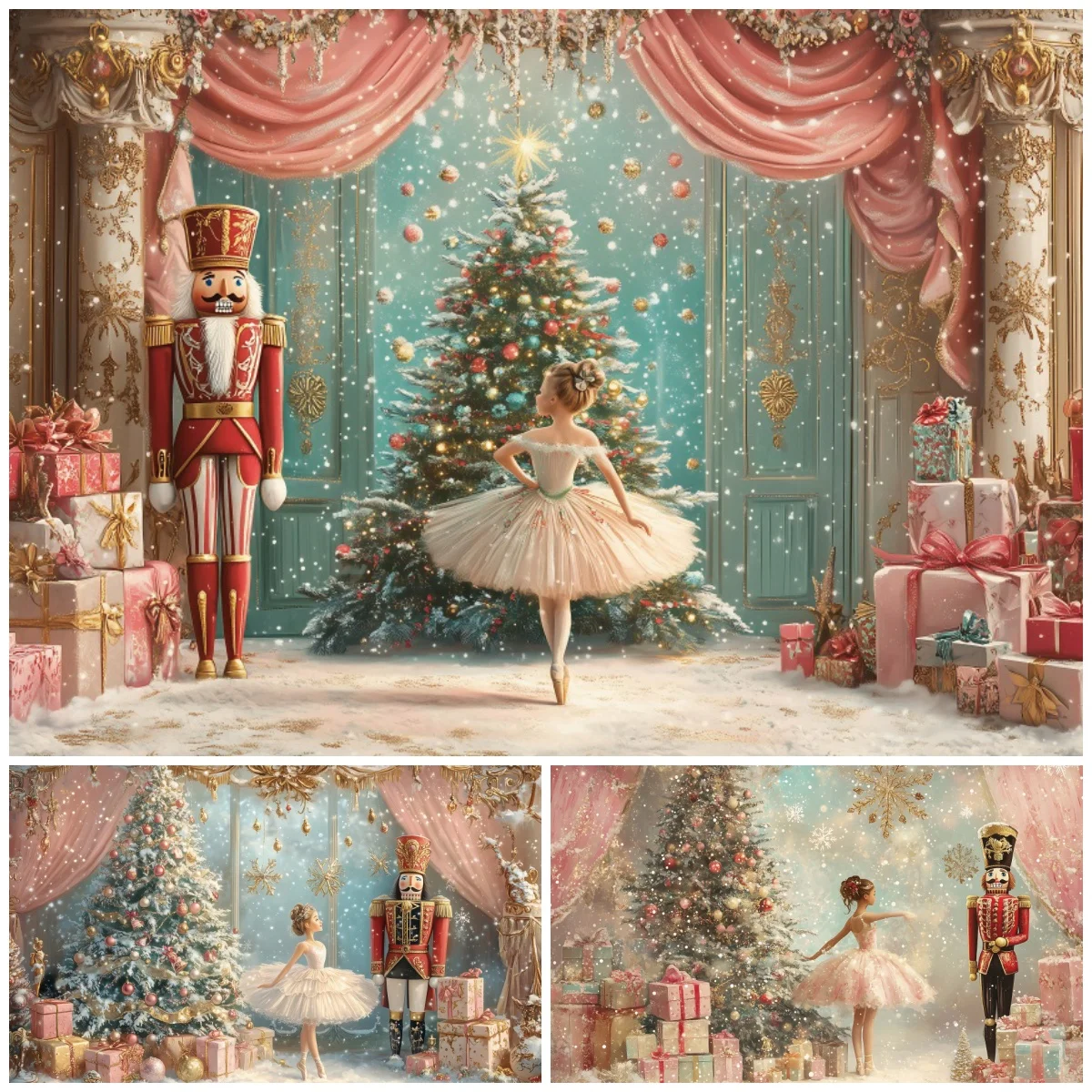 Christmas Ballerina Backdrop Pink Curtains Ornate Decor Soldier Xmas Tree Gift Snowy Festive Personal Portrait Photo Backgrounds