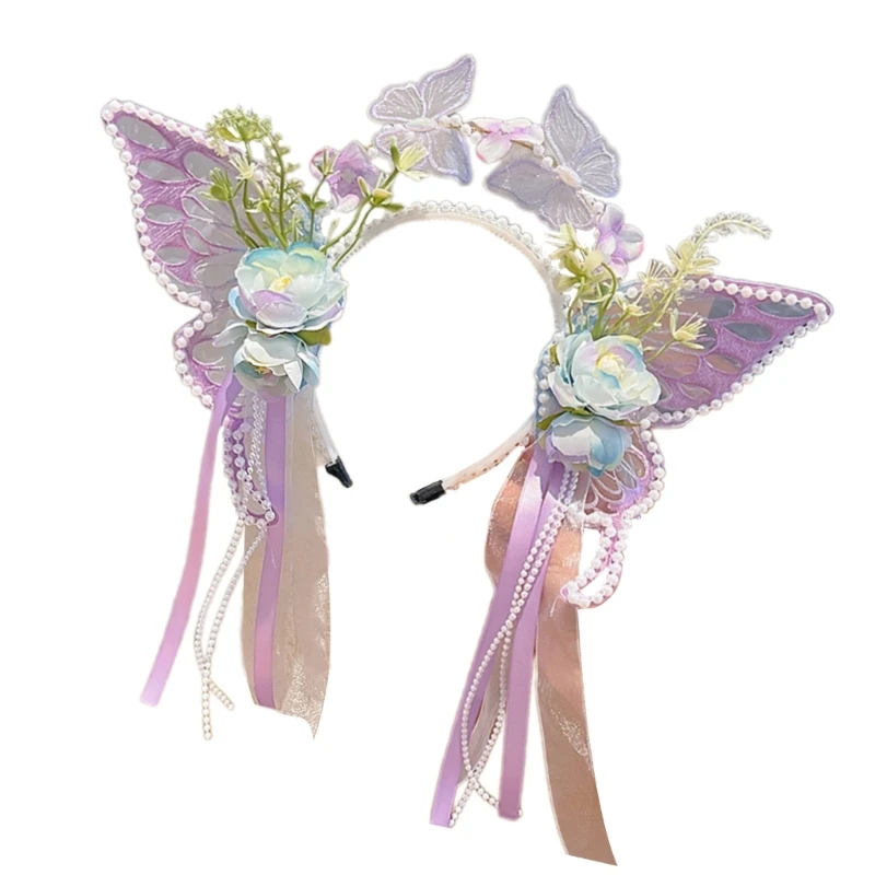 Girls Glinting Headband Pearls Oversized Butterfly Hairband for Pageant Prom