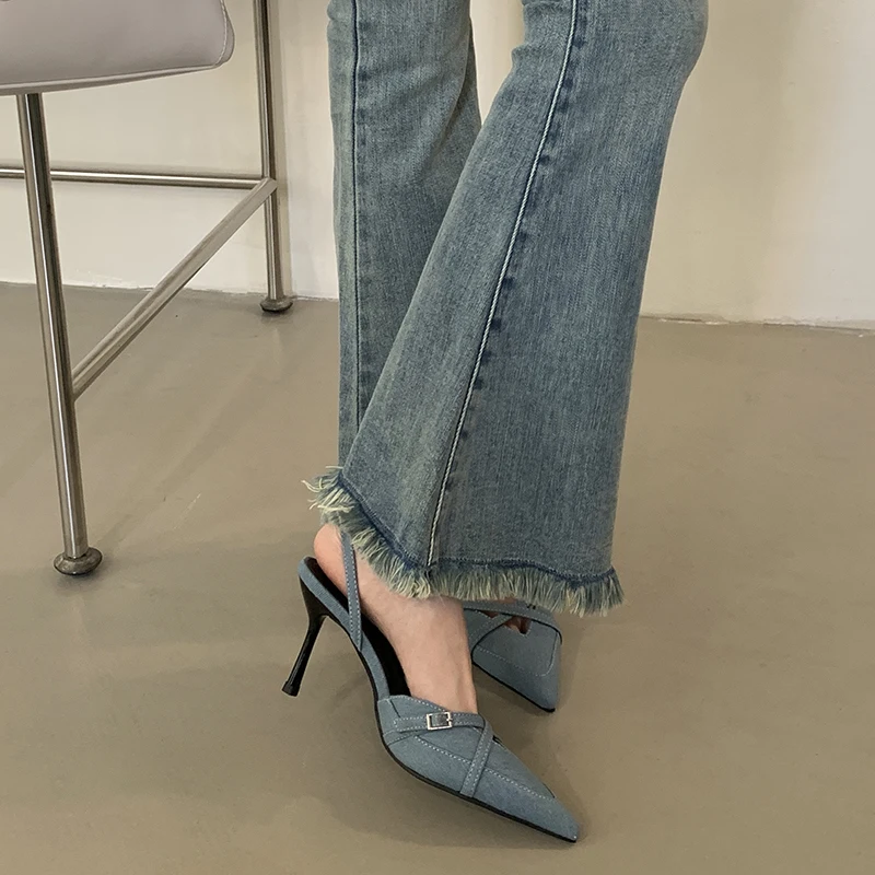 

9cm High Heels Blue Denim Pointed Toe Slingback Pumps Summer Shoes Burgundy Heels For Women Belt Cross Buckle Black Shoes