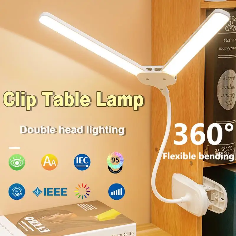 

360° Rotatable Clip Table Lamp Double Head Desk Lamp Bedtime Reading Lamp Office Study Night Light Rechargeable Student LED Lamp