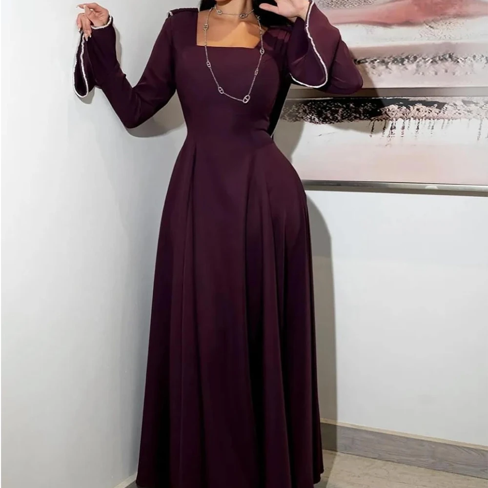 

Temperament A-Line Ankle Length Square Neck Jersey Long Sleeves Pleats Evening Dress High Quality Photo Color فساتين سهرة