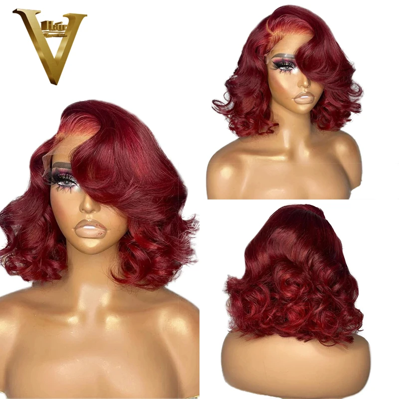 

Short Bob Burgundy 99J Color Wig Wavy 13X4 Lace Front Human Hair 4X4 Closure Frontal Wigs For Women Prepluck With Baby hair Remy