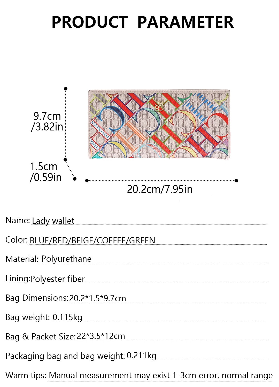 CH Damen Alltags-Geldbörse, bunt, Monogramm, Gold-Logo, mehrere Kartenfächer, Reißverschluss-Münzfach, Druckknopfverschluss, All-Match-Geldbörse – Detail 2