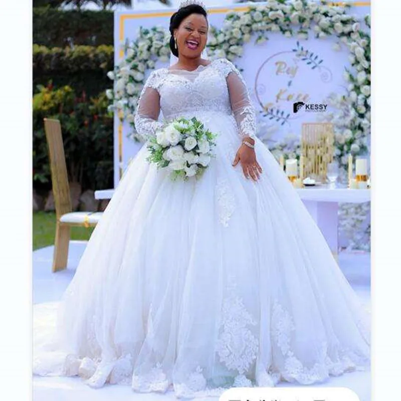 High Quality O-Neck Lace  Appliques  A-Line  Wedding Dress Court Train Robes De Mariée African  Full Sleeves Bridal Gown