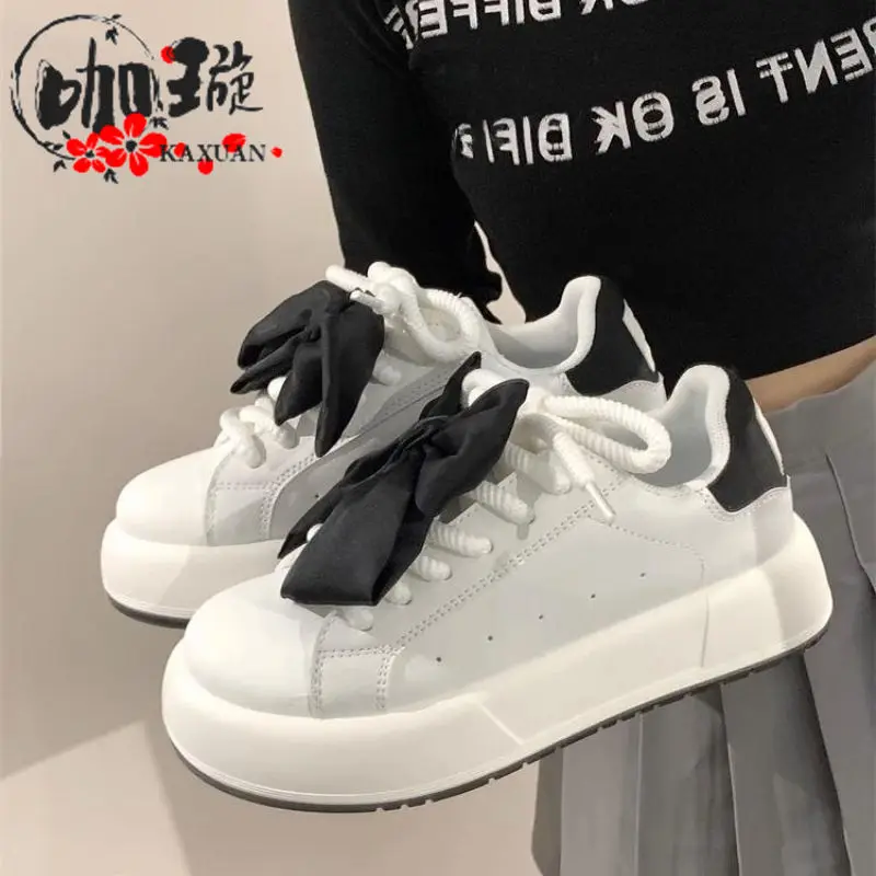 Kawaii Bow White Sneakers for Women Platform Sports Shoes Tennis Female Flats Spring Summer 2024 Vintage Cute Korean Fashion